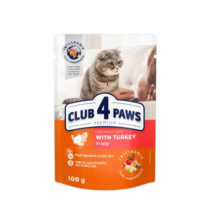 Comida húmeda completa para gatos adultos CLUB 4 PAWS PREMIUM-Pavo en gelatina,PACK 24*100g - 1