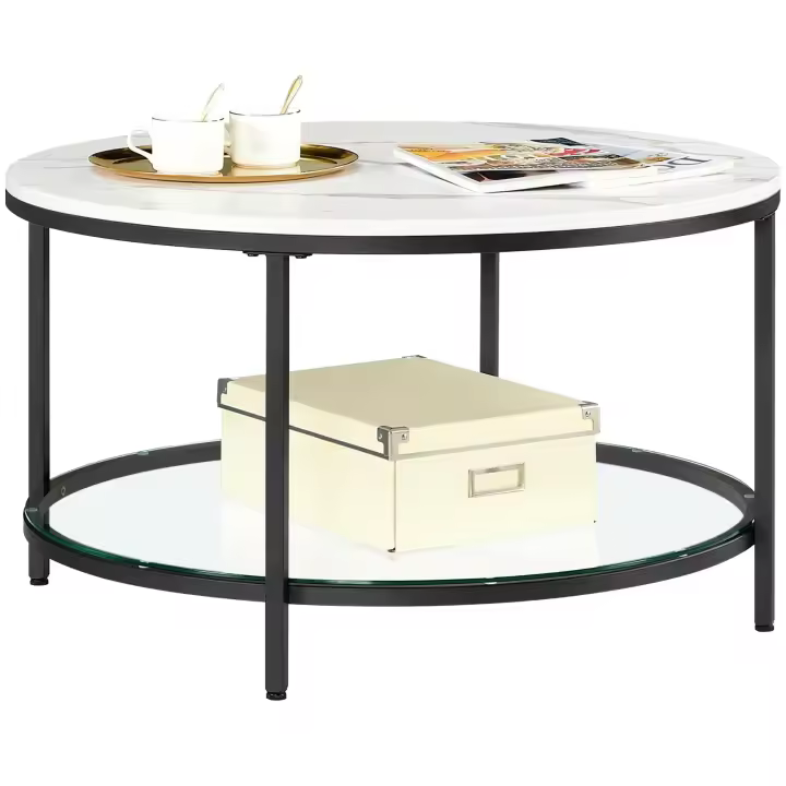 Mesa de centro redonda con estilo moderno, imitación de mármol y estante de vidrio templado, fácil montaje, ideal para salón, color blanco o negro - 1