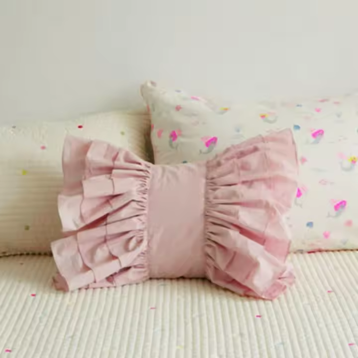 Almohada de lazo Almohada en forma de lazo con volantes Almohada decorativa con borde de loto Almohada con lazo Almohada lumbar suave para sofá Lindo cojín para respaldo de automóvil Almohada de lazo Cojín de felpa Decoración para el hogar y el automóvil - 1