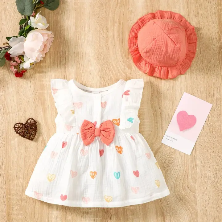 Conjunto De Ropa Para Bebé Niña Nueva 2 Piezas Vestido Sin Mangas Y Gorro Estampado De Amor Moda Verano Para Bebés Recién Nacidos De 0 a 9 Meses - 1