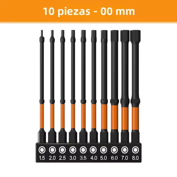 Juego De 10 Piezas De Brocas Allen De Cabeza Hexagonal S2 Acero Magnéticas De 50-100mm Hex-Shank H1.5-H8 Para Destornilladores Métricos - 1