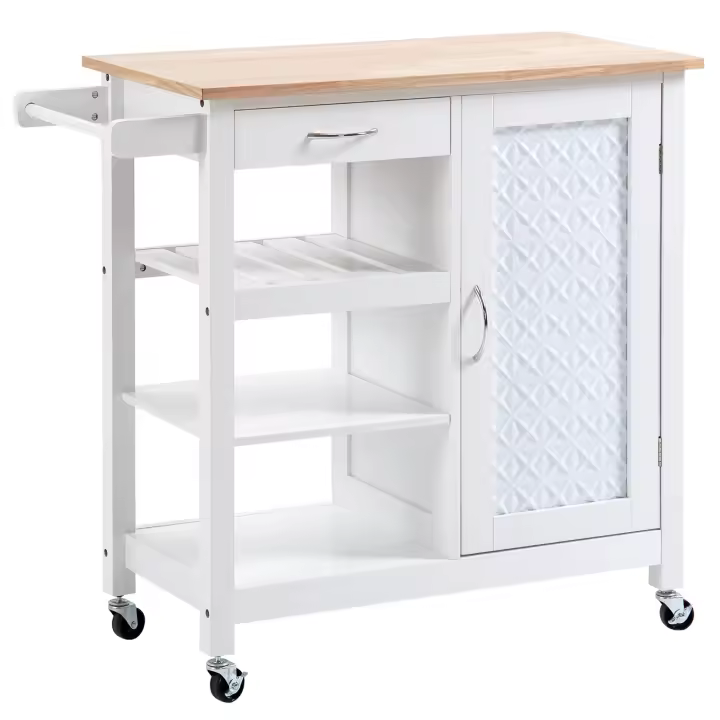 HOMCOM Carro de Cocina con Ruedas Carrito de Servicio con Cajón Armario Balda Interior Ajustable y 3 Estantes Abiertos para Comedor Restaurante 92x40x84 cm Blanco - 1