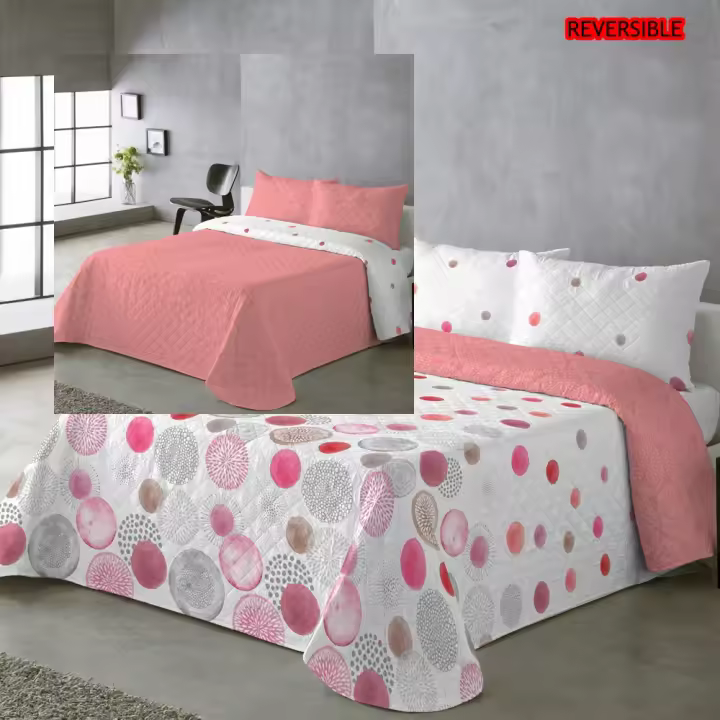 UNIFABRIC HOME TEXTIL Colcha Bouti Primavera Verano Reversible Color Coral Mod.ROCIO Cama 90 ,105,135 y 150 Ligeras y Suaves ,Incluye fundas de cojín,Termosellada No hace bolitas y fácil planchado - 1