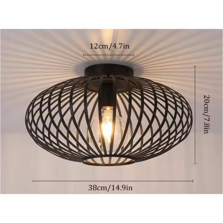 Luz de Techo Industrial Vintage de Metal Lámpara de Jaula E27 para Dormitorio Sala de Estar Café Entrada Pasillo 38cm Negro - 1