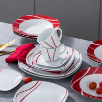 MALACASA-Serie Felisa-Juego 30 piezas de vajilla de porcelana para cena, conjunto de cena color blanco marfil con rayas rojas, con 6 piezas de tazas, ensaladera, platos de sopa, cena y postre - details 4