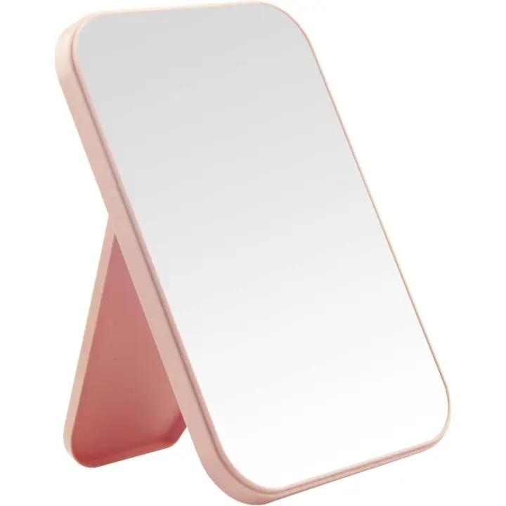 Espejo de maquillaje de escritorio, espejo portátil, espejo de maquillaje plegable simple con soporte, espejo de pared de pie de doble uso, rosa - 1