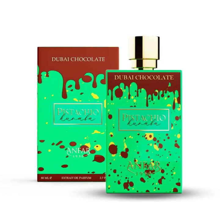 Pistachio Kunafa Dubai Chocolate Anfar Eau de Parfum 80 ml · Perfume Dulce Gourmand para Mujer · Fragancia Cremosa con Notas de Pistacho, Kunafa y Chocolate · Aroma Intenso, Aterciopelado y Duradero · Perfume Árabe de Lujo