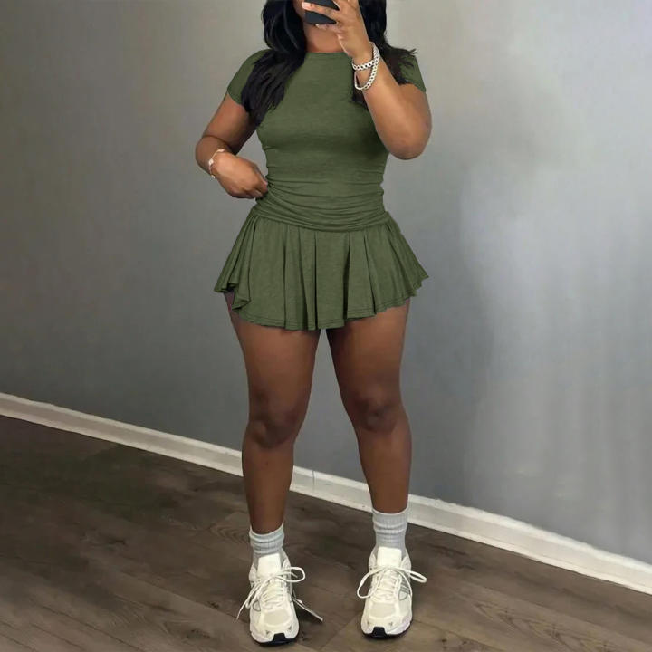  Conjunto De Dos Piezas Versátil Y De Moda - Top Y Pantalón/skirt En Negro/militar Verde Estilo Casual Para Mujer