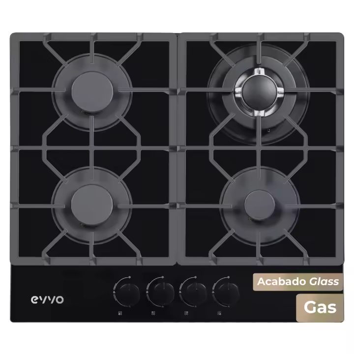 Placa de Gas EVVO V70 Glass, 4 quemadores con Wok, Encimera de cristal templado, Gas Natural/Butano - 1