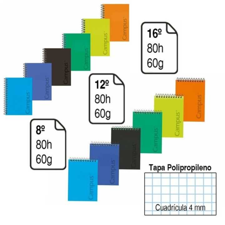 CAMPUS BLOC ESPIRAL  TAMAÑO 8º  12º Y 16º TAPA POLIPROPILENO 80 H. PACK 8U-16U CUADRÍCULA 4 MM. APAISADO Y NATURAL BLOC MUY PEQUEÑA PARA BOLSILLOS Y APUNTAR 6COLORES SURTIDOS CON 2 REPETIDOS