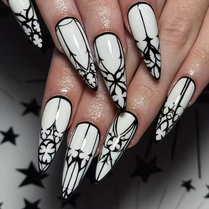 Uñas Postizas De Sello En Almendra Longas 24 Pcs Estilo Gótico Reutilizables Para Halloween Uñas Falsas Blancas Brillantes Para Mujeres - 1