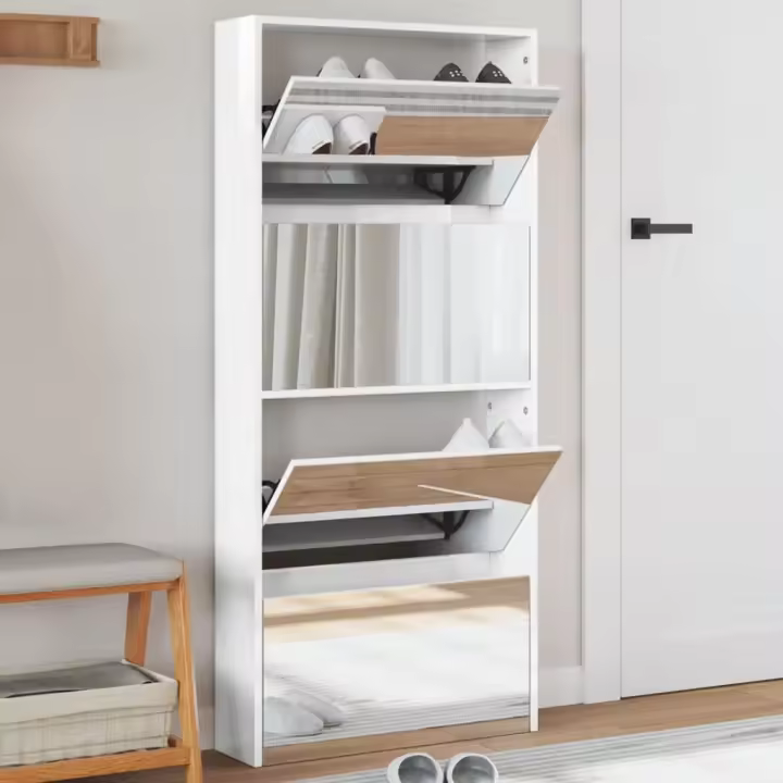 vidaXL Mueble zapatero con espejo 4 niveles blanco brillo 63x17x134 cm - 1