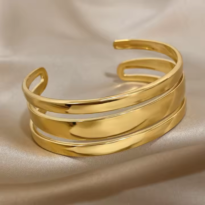 Pulsera De Acero Inoxidable Gruesa Para Mujer Con Tres Capas Liso Plataforma De Moda Impermeable Anillo De Bangles Ancha Dorado - 1