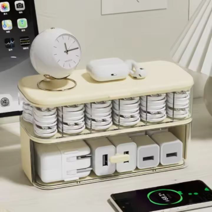 Organizador De Cables Para Escritorio Transparente Con Tapa Solución De Almacenamiento Para Cargadores Y Cordones Diseño Compacto Para Almacenamiento En El Hogar - 1