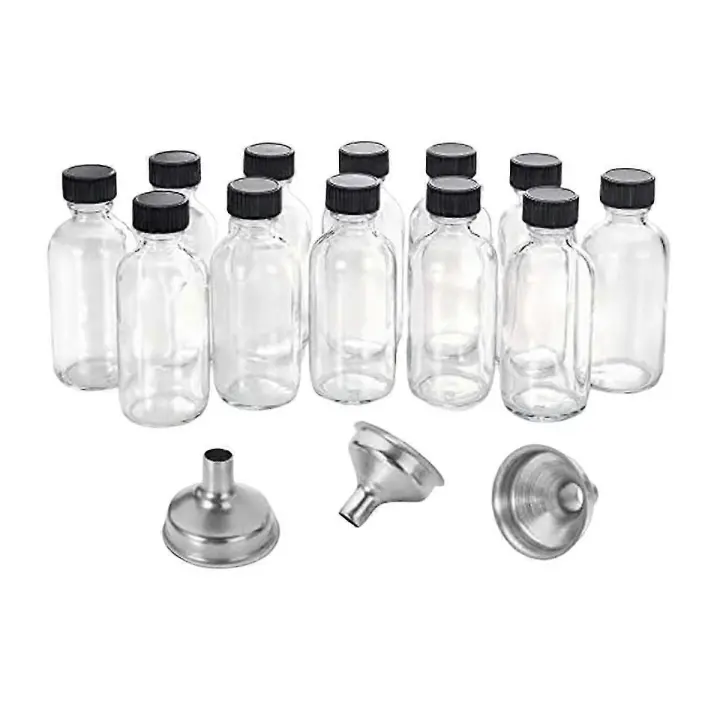 12PC 2 Oz Pequeños botellas de Cristal Claras con Las Tapas 3 embrudos-botellas de 60ml para el Jentgo Del Jugo, whisky - 1