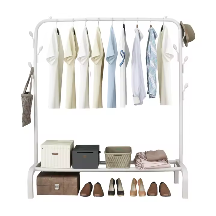 XOKOTAKI Perchero Burro de Ropa Independiente con Almacenamiento y Ganchos Laterales. Soporta Hasta 30kg. Fácil Montaje y Diseño Minimalista. - 1