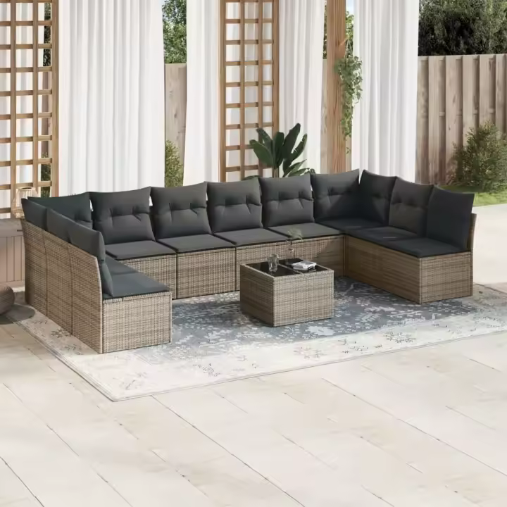 vidaXL Set de sofás de jardín 11 pzas y cojines ratán sintético gris - 1