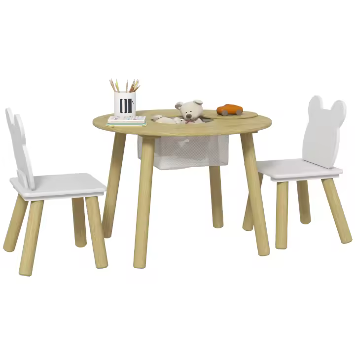 AIYAPLAY Mesa y Sillas Infantiles de 3 Piezas Mesa Infantil con 2 Sillas con Espacio de Almacenaje para Niños de 3-6 Años para Sala de Juegos Dormitorio Guardería Natural - 1