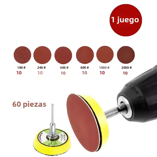 Kit De 60PCS De Lijadora De Taladro Con Placa De Apoyo Y Disco De Lijado De 2 Pulgadas Incluye Papel De Lijar De 100-2000 Grados - 1