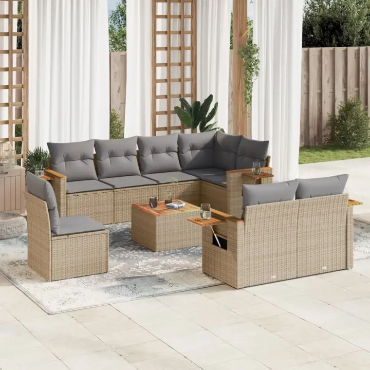 vidaXL Set de sofás de jardín 9 pzas con cojines ratán sintético beige - 1