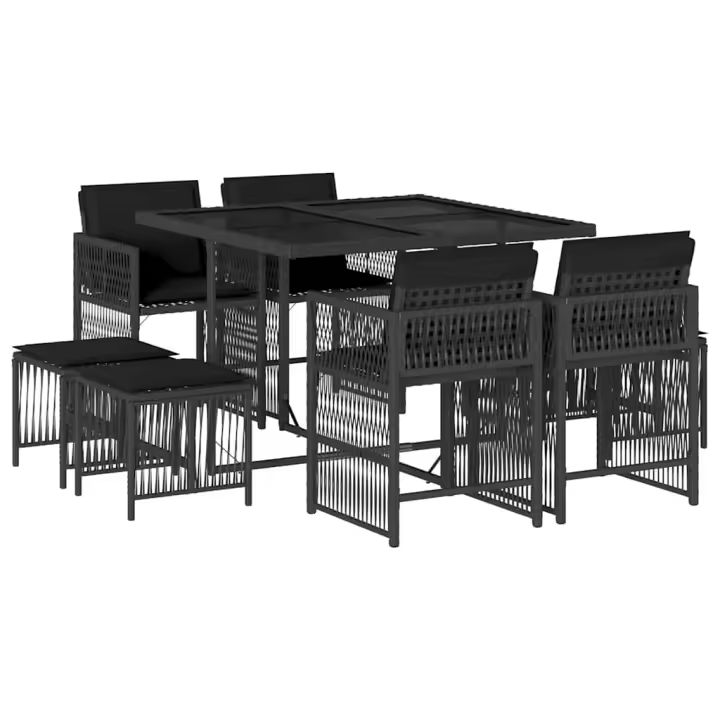 vidaXL Set de comedor de jardín 9 pzas y cojines ratán sintético negro - 1