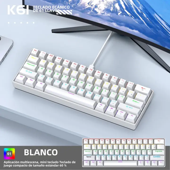 Teclado Mecánico Portátil De 60% APAYADO K61 Con Cable 61 Teclas RGB Phantom Negro Blanco Rojo Switch Rojo/Ácido Para Escritorio Portátil Tablet - 1