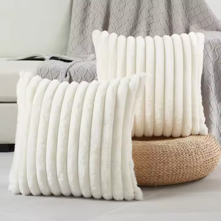 Funda De Cojín Cuadrado De Peluche De Conejo Sintético Grueso Y Suave De 45x45cm Estilo Solido Con Patrón Rayado Para Decoración De Sofá - 1