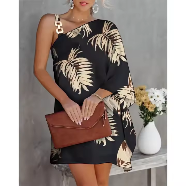 Vestido De Verano Para Mujer Talla S-2XL Hombros Descubiertos Diagonal Cuello Estampado Y Sólido Con Tirantes Metálicos Y Manga Batwing - 1