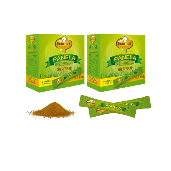 Gourmet Latino - Panela 250g  (Pack - 2)  ( Azúcar integral de Caña - Sin Refinar) 100% Natural - 50 sobres de 5g - Total 500 g - 1