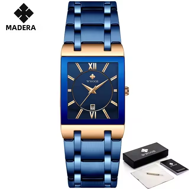 Reloj De Hombre Moda Nueva WWOOR Lujo Cuadrado Azul Reloj De Pulsera Resistente Al Agua Acero Inoxidable Cuarzo Romano Resistente Al Choque - 1