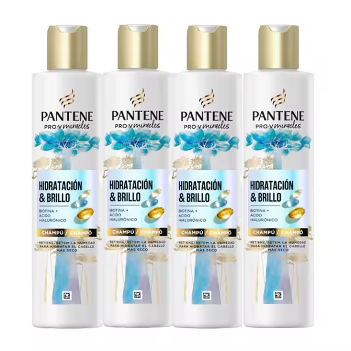 Pantene Pro-V Miracles Hidratación y Brillo Champú con Biotina 250ml para Pelo Seco y Dañado, con Ácido Hialurónico que Aporta Hidratación. Hidratante con Vitamina B5. 4 Unidades de 250ml - 1