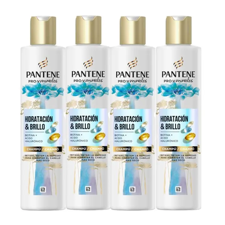 Pantene Pro-V Miracles Hidratación y Brillo Champú con Biotina 250ml para Pelo Seco y Dañado, con Ácido Hialurónico que Aporta Hidratación. Hidratante con Vitamina B5. 4 Unidades de 250ml - 1