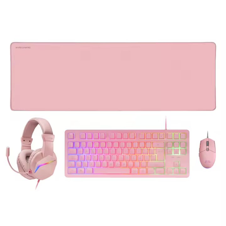 Mars Gaming MCP-RGB3, Pack Gaming Teclado Fixed RGB + Ratón Gaming RGB Flow 3200 DPI + Auriculares Over-Ear RGB + Alfombrilla XXL, Combo Gaming en Negro, Rosa o Blanco y con Idioma Español, Francés o Portugués - 1
