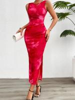 Vestido Slimming Sin Mangas Estampado De Moda Para Mujer Primavera Verano 2024 Cuello Redondo Con Rotura A-Line De Pierna Larga Estilo Playa - details 11
