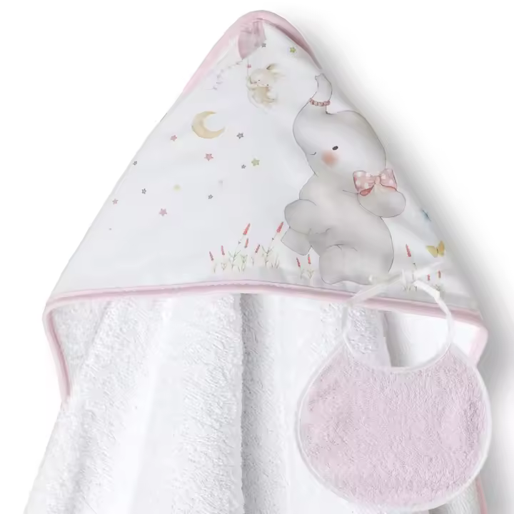 Interbaby | Set regalo capa de baño y babero elefante | 100% algodón | blanco/rosa | suave para el bebé - 1