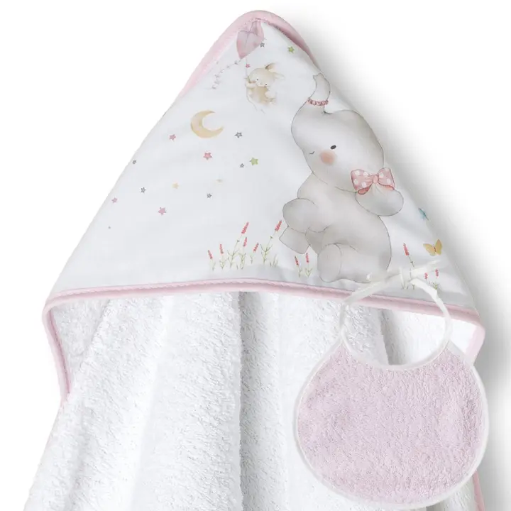 Interbaby | Set regalo capa de baño y babero elefante | 100% algodón | blanco/rosa | suave para el bebé - 1