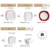MALACASA-Serie Felisa-Juego 30 piezas de vajilla de porcelana para cena, conjunto de cena color blanco marfil con rayas rojas, con 6 piezas de tazas, ensaladera, platos de sopa, cena y postre - details 1