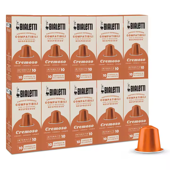 Bialetti Cápsulas de Café 100 caps - Compatibles con Nespresso® * (no vertuo) Mezcla Intenso y Cremoso  - Intensidad 11 o 9 - Café intenso y ricamente aromático/Aromas dulces y afrutados combinados con notas de biscuit - 10 cápsulas x 10 paquetes - 1