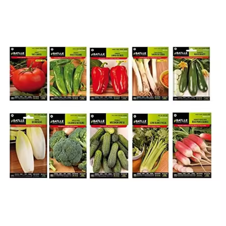Semillas huerto lote 10 sobres Semillas BATLLE (Tomate, Pimiento italiano, Pimiento rojo, Calçots, Calabacin, Endivia, Brócoli, Pepinillo, Apio, Rabanito) - 1