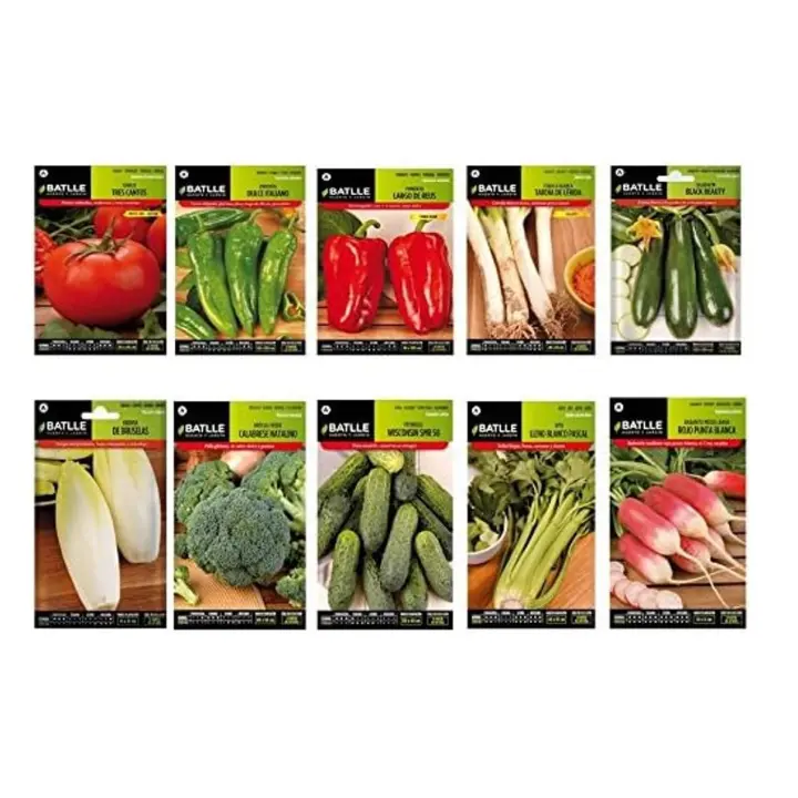Semillas huerto lote 10 sobres Semillas BATLLE (Tomate, Pimiento italiano, Pimiento rojo, Calçots, Calabacin, Endivia, Brócoli, Pepinillo, Apio, Rabanito) - 1