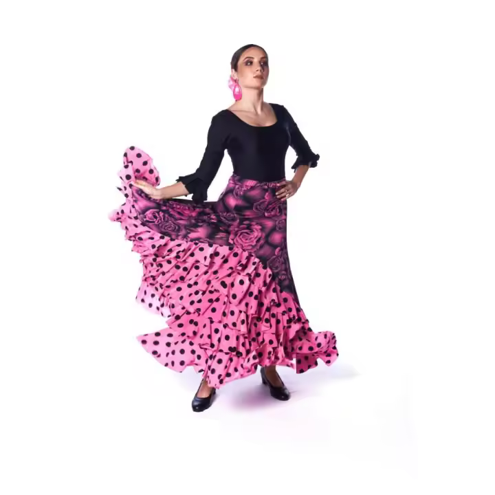 ANUKA Falda Flamenca Estampada de Rosas con 5 Volantes - 1