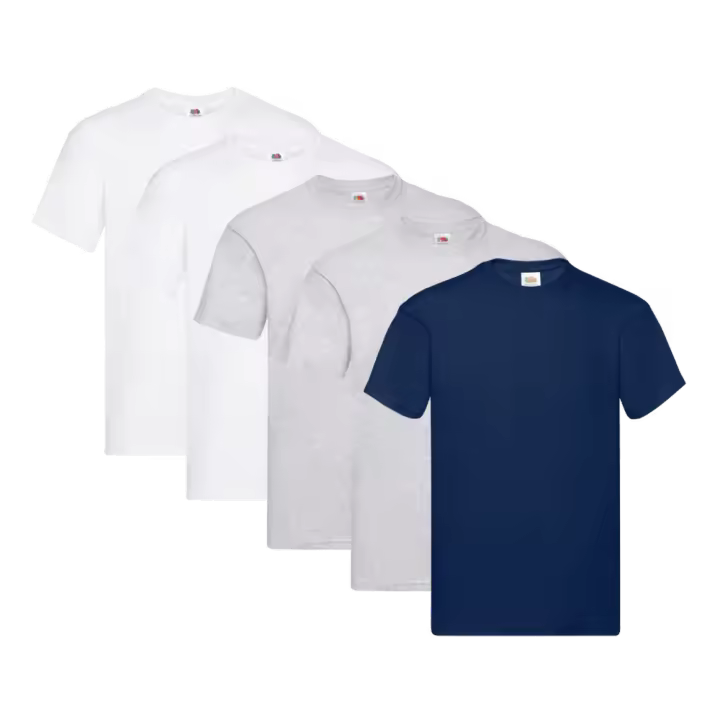 Fruit of the Loom Original - Camiseta Manga Corta para Hombre (Pack de 5 unidades) - 2 Blanco / 2 Gris Jaspeado / 1 Azul Marino - 1