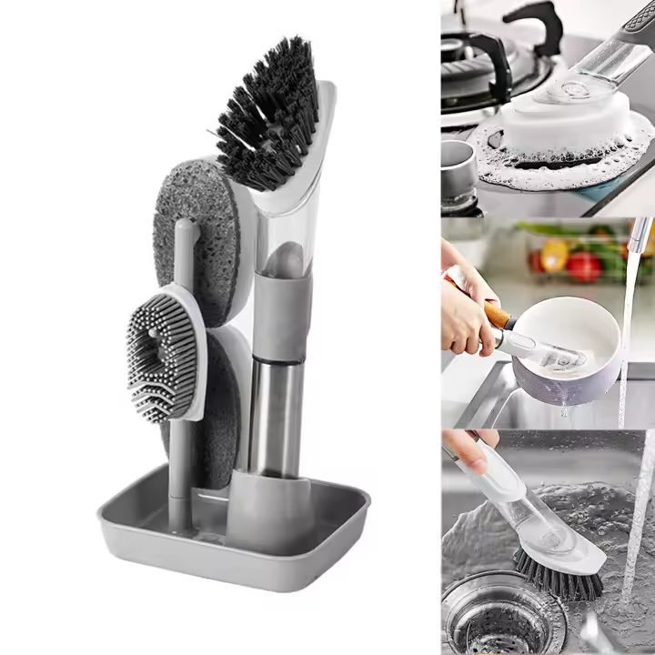 Cepillo De Limpieza De Cocina Con Mango Largo Cepillo De Enjuague Desmontable Con Dispensador Automático De Líquido 3 En 1 Gadgets De Cocina - 1