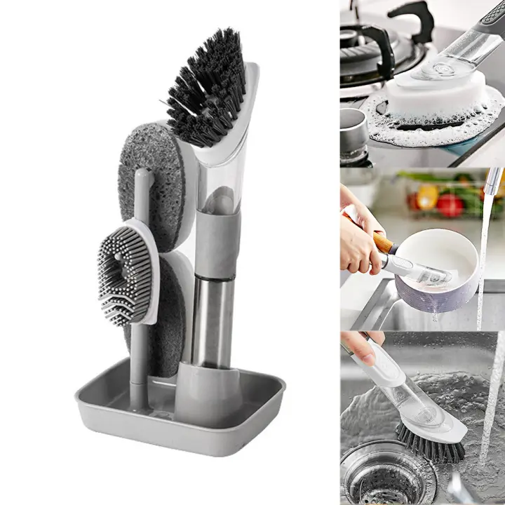 Cepillo De Limpieza De Cocina Con Mango Largo Cepillo De Enjuague Desmontable Con Dispensador Automático De Líquido 3 En 1 Gadgets De Cocina - 1