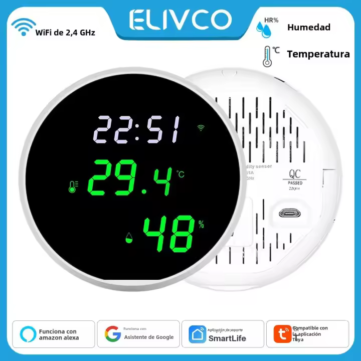 Sensor De Temperatura Y Humedad WiFi Tuya Con Pantalla LCD Y Luz De Iluminación Smart Indoor Compatible Con Google Home Alexa - 1