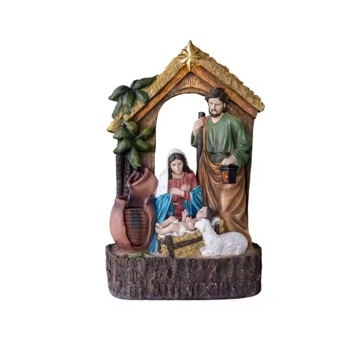 Nacimiento Misterio Navidad con Fuente figura 80 cm. luz monopieza resina Niño Jesús Virgen María - 1