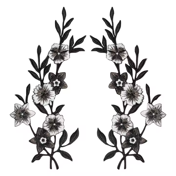 2PCS Parches Bordados De Floral Negro Para Ropa Zapatos Gorra Bolsa Chaqueta DIY Regalo Con Adhesivo Calentado Soldadura - 1