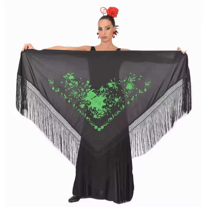 Mantón grande negro bordado en verde Anuka - 1