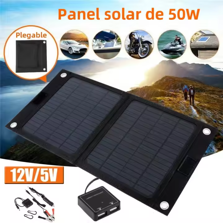 Cargador De Panel Solar Plegable Portátil 12V 50W Para Teléfono Móvil Con Puerto USB Y Batería Monocrystalina Silicona Flexible - 1