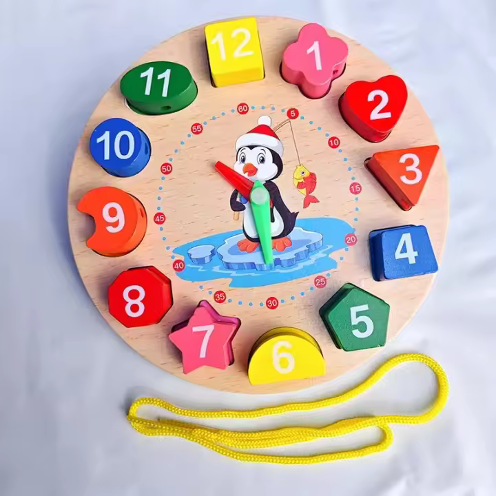 Juguetes Montessori De Madera Para Niños Puzzle De Formas Y Números Colores Sorting De Reloj Con Patrones De Pingüino Educación Temprana Aprendizaje Del Tiempo - 1